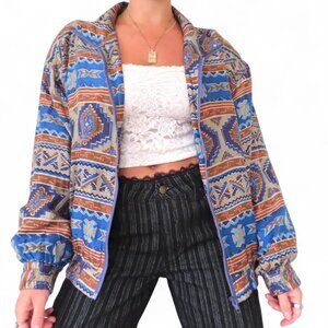 BOGARI BOHO AZTEC SILK ZIP UP BOMBER JACKET VINTAGE MENS MEDIUM